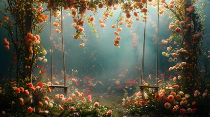 digital backdrop for newborns Full of flowers and swings for children There was a light curtain separating the screen from which the cradle could be seen in the distance carefully