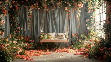 digital backdrop for newborns Full of flowers and swings for children There was a light curtain separating the screen from which the cradle could be seen in the distance carefully