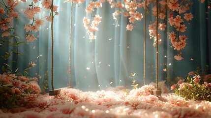 digital backdrop for newborns Full of flowers and swings for children There was a light curtain separating the screen from which the cradle could be seen in the distance carefully