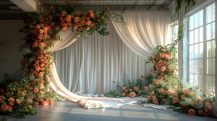 high ceiling backdrop with thin white curtains streaked perpendicularly. Drop to the bottom and decorated with flowers that shows elegance
