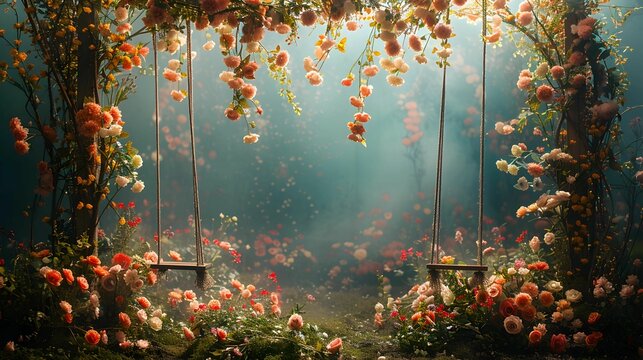 digital backdrop for newborns Full of flowers and swings for children There was a light curtain separating the screen from which the cradle could be seen in the distance carefully