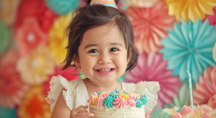 A little girl is smiling and holding up her birthday cake in front of the camera, surrounded by colorful decorations.