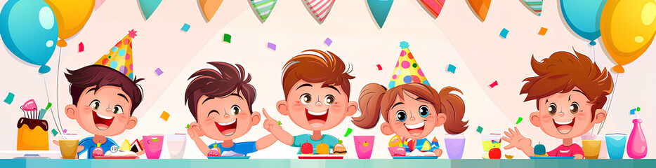 Happy birthday banner with cartoon children having fun at party, vector illustration.