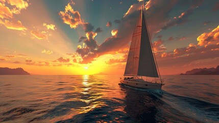Fototapeta premium Sailing ship in sea water at sunset.