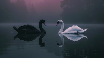 Two black swans are swimming in a lake.