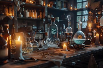 Alchemical Laboratory with Bubbling Glassware and Flickering Candles in a Moody Mystical Atmosphere