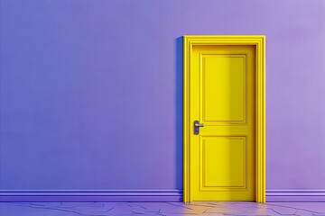 A yellow door in a purple room.