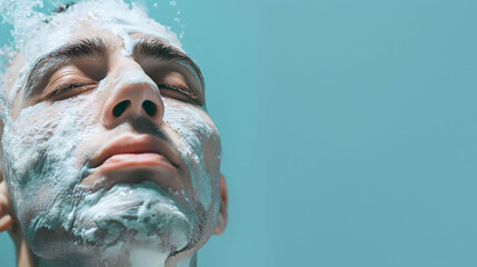Close-up of a man with his eyes closed, face covered in foam, set against a soothing blue background, depicting a refreshing moment in his skincare routine