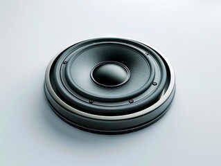 A black speaker on a white surface.