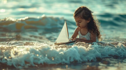 A little girl is playing with a model sailing boat in sea water in beach