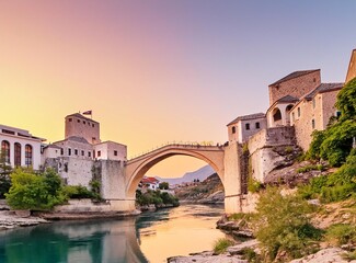 Sunset view of the old Mostar bridge in Bosnia and Herzegovina
