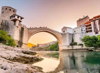 Sunset view of the old Mostar bridge in Bosnia and Herzegovina