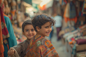 A South Asian father in a colorful kurta playfully ruffles his son's hair while they walk through a bustling marketplace.