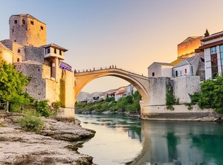 Obraz premium Sunset view of the old Mostar bridge in Bosnia and Herzegovina
