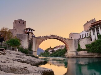 Sunset view of the old Mostar bridge in Bosnia and Herzegovina