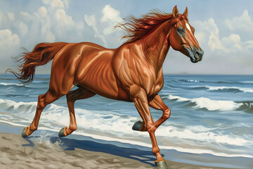 horse on the beach, The chestnut horse is depicted in full gallop, its powerful muscles rippling as it moves gracefully along the shore