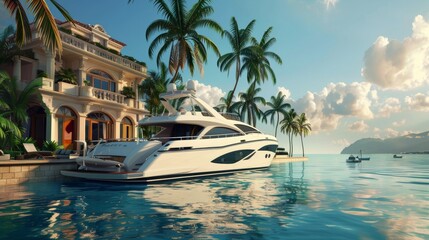 Luxury yacht parked at luxury home mansion in sea water.