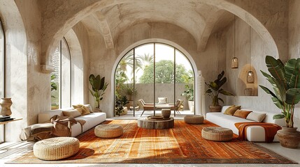 Boho, Mediterranean interior design of modern home entryway, hall with arched walls