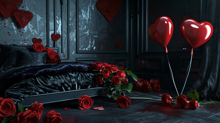 Gothic bedroom with dark colors, dramatic red roses, and two red heart balloons adding a mysterious allure.