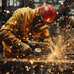 Realistic portrayal of a worker grinding metal, showered in a cascade of sparks, reflecting intense craftsmanship