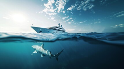 Beautiful shark underwater with tropical palm tree island and yacht in sea.