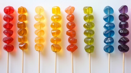 colorful candy display, colorful gummy candies displayed on a stick in rainbow order, ideal for a...