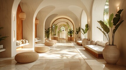 Boho, Mediterranean interior design of modern home entryway, hall with arched walls