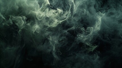 A dark green background with swirling smoke creating an eerie atmosphere.