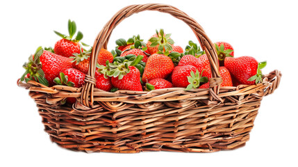 Rustic basket brimming with ripe organic strawberries casts a warm shadow on a sunny July afternoon isolated on a white background