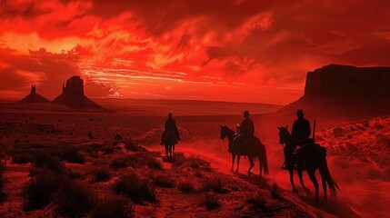 cowboys on horses in the desert, red sky, wild west,