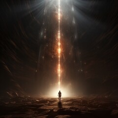 Obraz premium A Lone Figure Stands Before a Mysterious Beam of Light in an Atmospheric Cave