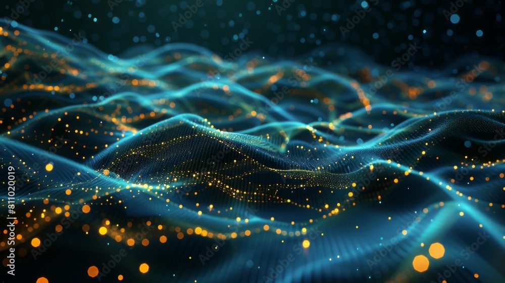 Poster Glowing blue waves interspersed with sparkling golden particles create a vibrant digital landscape.