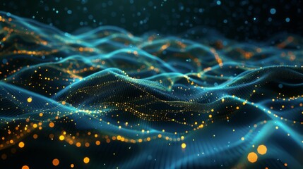 Glowing blue waves interspersed with sparkling golden particles create a vibrant digital landscape.