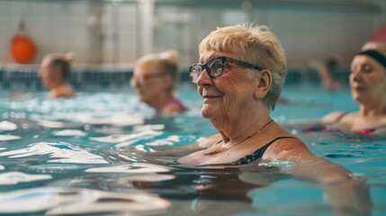 Fototapeta premium Portrait of senior female having group aqua training class in gym