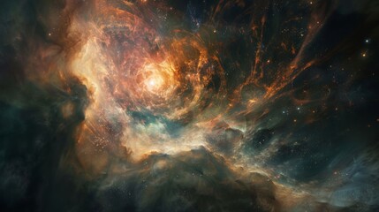 A vivid nebula radiates with intense colors and dynamic swirls, showcasing the beauty of the cosmos.