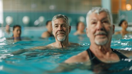 Fototapeta premium Portrait of senior male having group aqua training class in gym