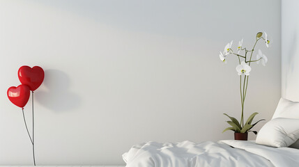 Minimalist bedroom with a focus on simplicity, a single white orchid, and two red heart balloons...