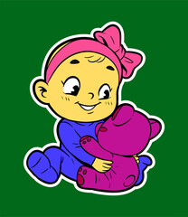 Baby Playing Doll Doodle Sticker Illustration