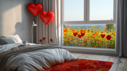 Modern bedroom with minimalist decor, vibrant flowers, and two red heart balloons by the window.