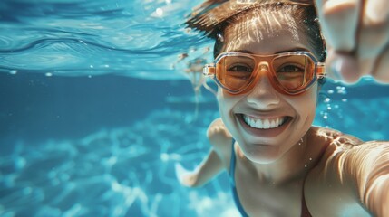 Naklejka premium Underwater portrait of happy female in swimming pool.