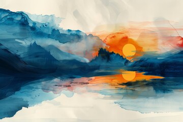 Abstract Prussian blue, orange, and mustard spray evokes meditation on a desktop wallpaper, with calming rhythms and fluidity.