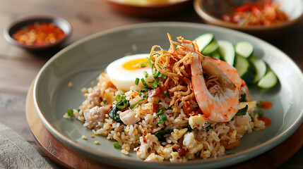 Indonesian Cuisine Delight: Nasi Goreng Fried Rice Served with Succulent Shrimp