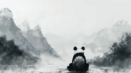 Back view of a lonely panda sitting with foggy mountains