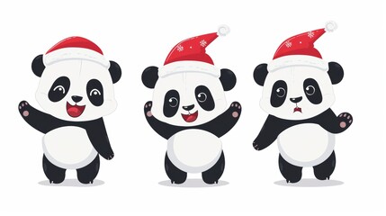 Fototapeta premium Vector illustration cartoon of a cute panda with red Christmas cap over white background.
