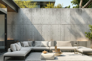 sofa in the lawn, The concrete wall, with its raw and minimalist aesthetic, adds a touch of urban sophistication to the outdoor space, setting the stage