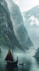 A boat is sailing in a river with mountains in the background