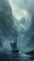 A ship sails through a stormy sea with a mountain range in the background