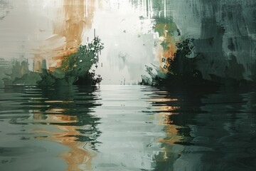 Tranquil reservoir painting in dark sage, earth brown, and mahogany with calming rhythms and minimalistic design. Perfect desktop wallpaper.