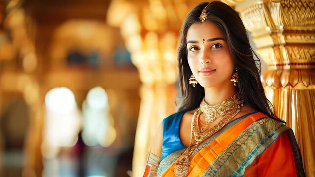 A portrait of a beautiful young Indian girl in traditional clothes