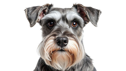 "Schnauzer with Expressive Eyes": A Schnauzer with expressive eyes photographed against a white backdrop, conveying intelligence and charm.